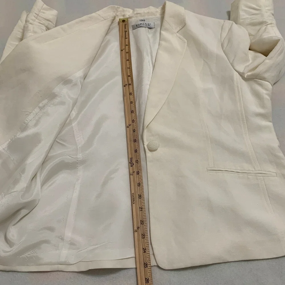 Kasper Blazer Women's 14 Ivory Linen Blend Ruched 3/4 Sleeve 1-Button Jacket